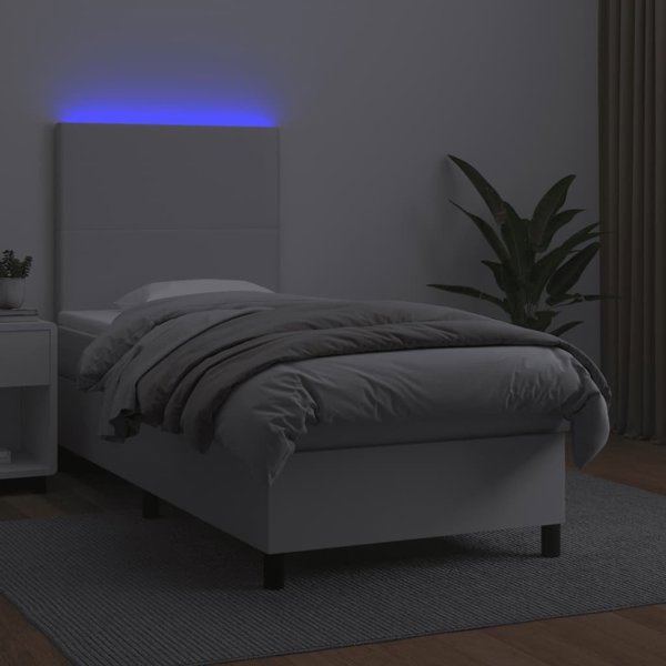 vidaXL Κρεβάτι Continental με στρώμα και LED, λευκό οικολογικό δέρμα 90x190 cm