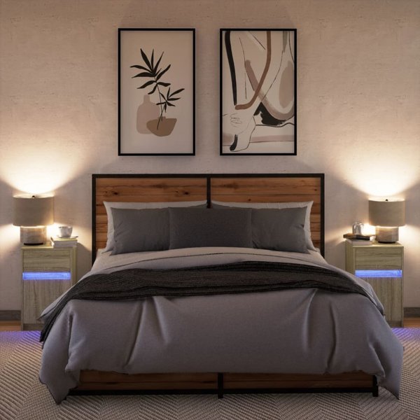 vidaXL Κομοδίνα με φωτισμό LED, 2 τεμάχια, δρυς Sonoma, υλικό ξύλου