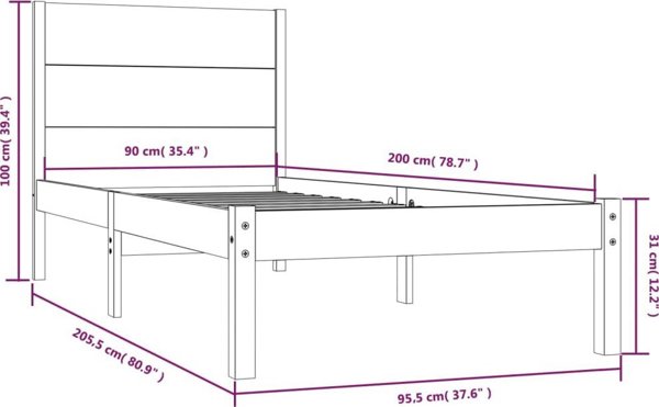vidaXL Κορμός κρεβατιού, μασίφ πεύκο, 90 x 200 εκ.