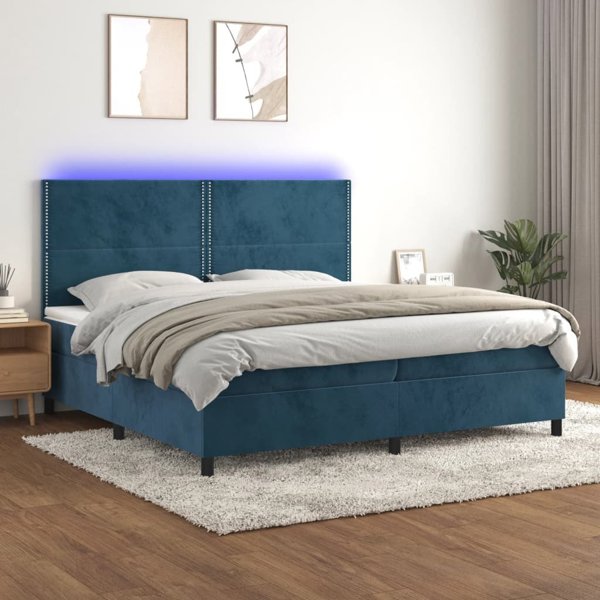 vidaXL Κρεβάτι κοντινεντάλ με στρώμα και LED, μπλε βελούδο, 200x200 cm