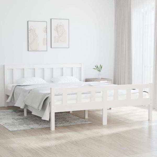 vidaXL Rama κρεβατιού, λευκή, από μασίφ ξύλο, 150 x 200 cm, King Size