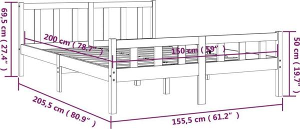 vidaXL Rama κρεβατιού, λευκή, από μασίφ ξύλο, 150 x 200 cm, King Size