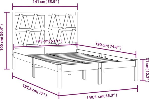 vidaXL Rama κρεβατιού από μασίφ πεύκο, 135x190 cm, διπλό