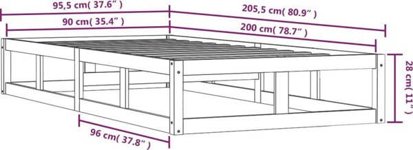 vidaXL Rama κρεβατιού, μαύρη, 90 x 200 εκ, από συμπαγές ξύλο