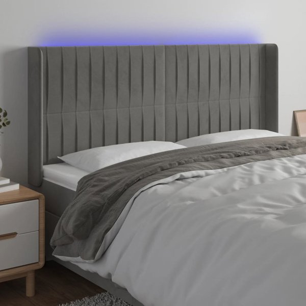 vidaXL Κεφαλάρι για κρεβάτι με φωτισμό LED, ανοιχτό γκρι, 163x16x118/128 cm, βελούδο