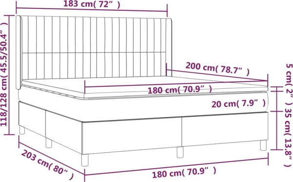 vidaXL Κρεβάτι κοντινενταλε με στρώμα και LED, γκρι βελούδο, 180x200 cm