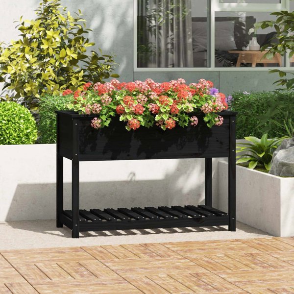 vidaXL Donica z polka, czarna, 111,5x54x81 cm, lite drewno sosnowe