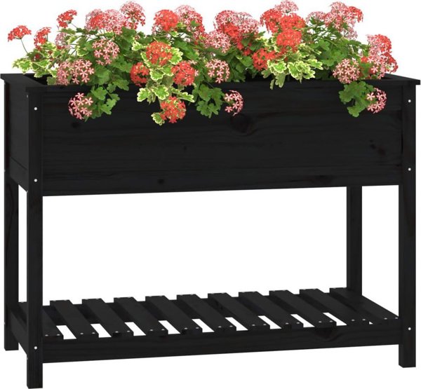 vidaXL Donica z polka, czarna, 111,5x54x81 cm, lite drewno sosnowe