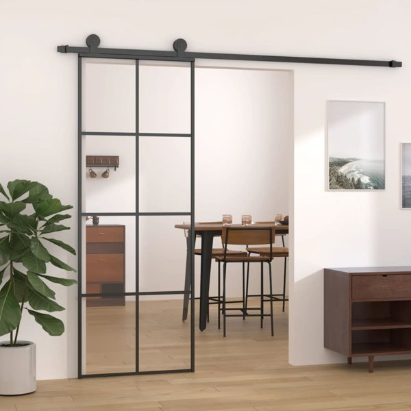 vidaXL Συρόμενη πόρτα, μαύρη, 76x205 εκ, γυαλί ESG και αλουμίνιο