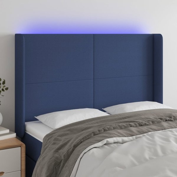vidaXL Κεφαλάρι κρεβατιού με LED, μπλε, 147x16x118/128 εκ., ύφασμα