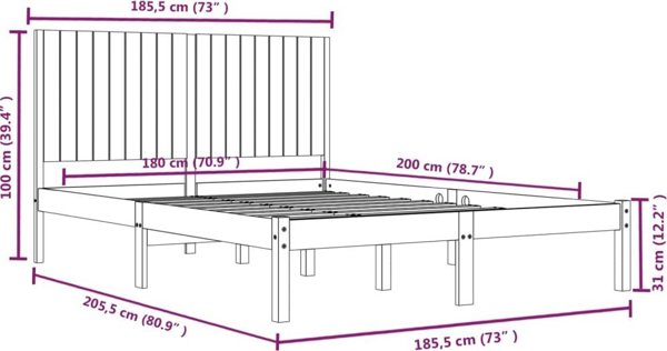 vidaXL Rama lotzka, lite drewno, 180x200 cm, 6FT, Super King