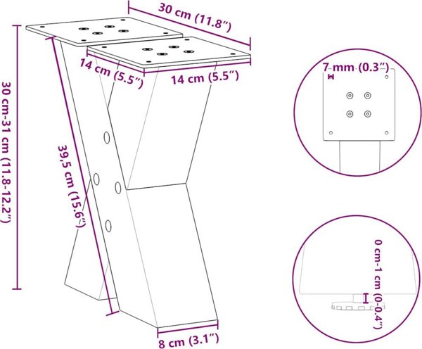 vidaXL Nogi do stolika kawowego, 2 szt., czarne, 30x(30-31) cm, stal