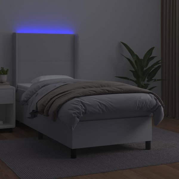 vidaXL Lozko kontynentalne z materacem i LED, biala ekoskora 90x190 cm