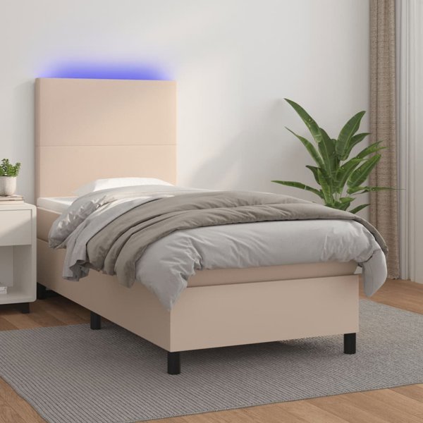 vidaXL Lozko kontynentalne z materacem i LED cappuccino ekoskora 90x190cm