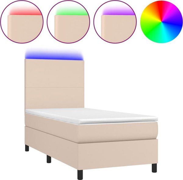 vidaXL Lozko kontynentalne z materacem i LED cappuccino ekoskora 90x190cm
