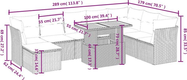 vidaXL 9 τεμ. σετ κήπου με μαξιλάρια, μπεζ, πολυρατάν