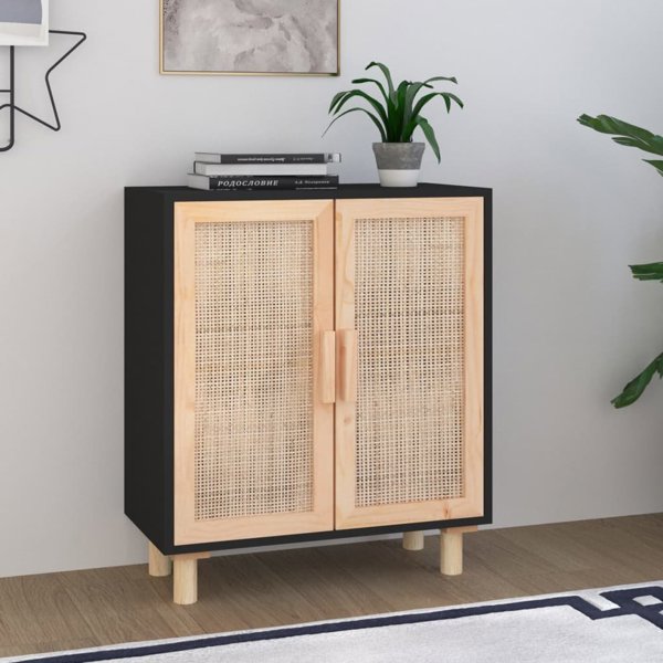 vidaXL vidaXL Komoda, czarna, 60x30x70 cm, lita sosna i naturalny rattan