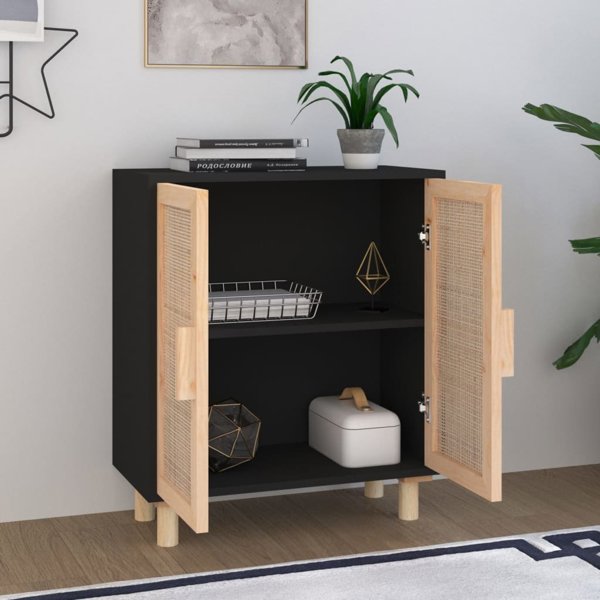 vidaXL vidaXL Komoda, czarna, 60x30x70 cm, lita sosna i naturalny rattan