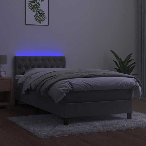 vidaXL Κρεβάτι κοντινένταλ με στρώμα και LED, γκρι, 90x200cm, βελούδο