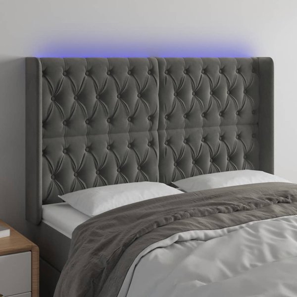 vidaXL Κεφαλάρι κρεβατιού με LED, σκούρο γκρι, 147x16x118/128 εκ., βελούδο