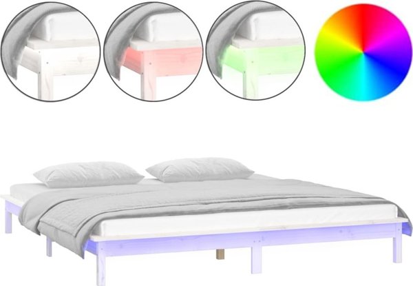 vidaXL Πλαίσιο κρεβατιού με LED, λευκό, 140x190 cm, μασίφ ξύλο