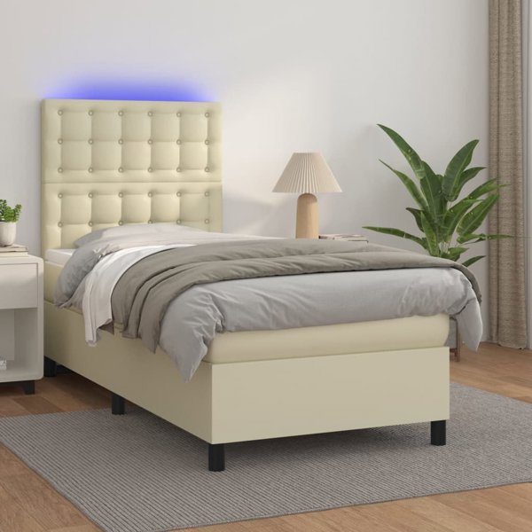vidaXL Κρεβάτι κοντινεντάλ με LED, στρώμα, κρεμ, οικολογικό δέρμα, 80x200 εκ