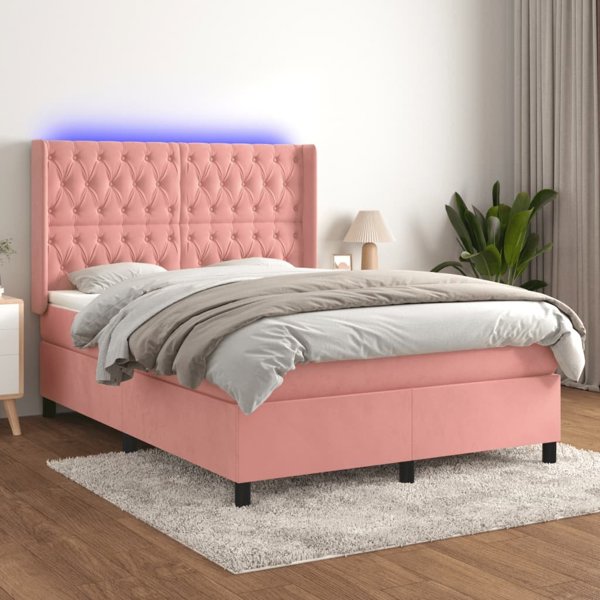 vidaXL Lodzko kontynentalne z materacem i LED, rozowy aksamit 140x200 cm