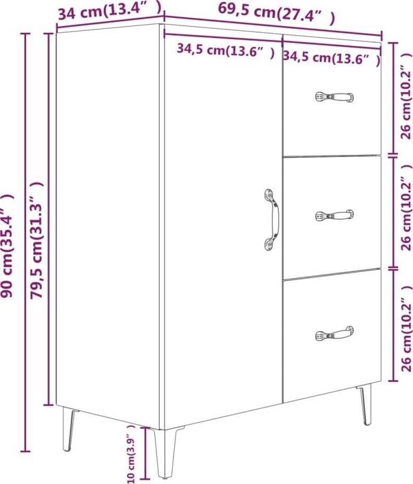 vidaXL Komoda, λευκή, 69,5x34x90 cm, υλικό πολυμερούς ξύλου