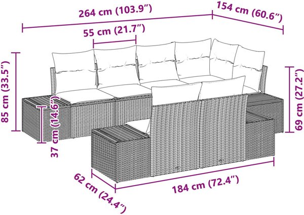 vidaXL Sofa 7-osobowa ogrodowa z poduszkami Szary Poli Rattan