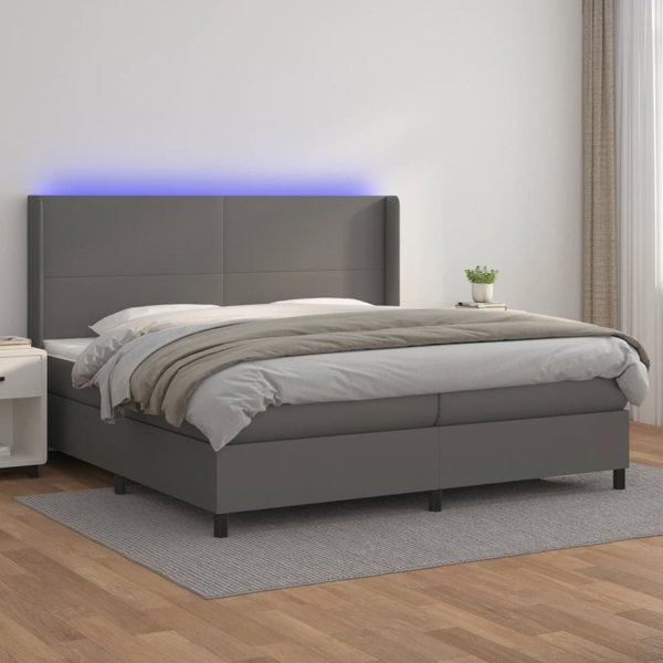 vidaXL Lotko kontynentalne me materacem i LED, szara ekoskora 200x200cm