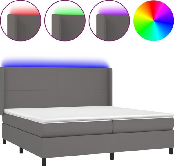 vidaXL Lotko kontynentalne me materacem i LED, szara ekoskora 200x200cm