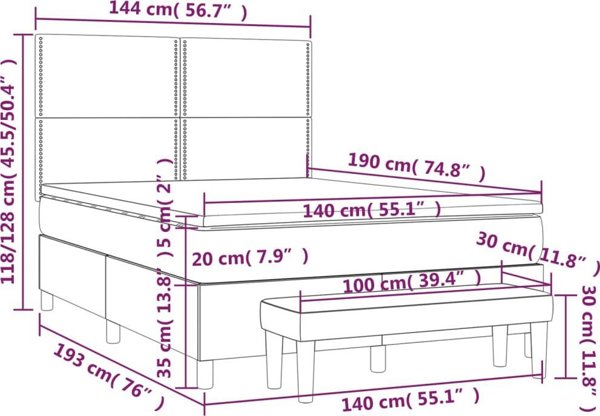 vidaXL Κρεβάτι κοντινεντάλ με στρώμα, γκρι, οικολογικό δέρμα 140x190 εκ.