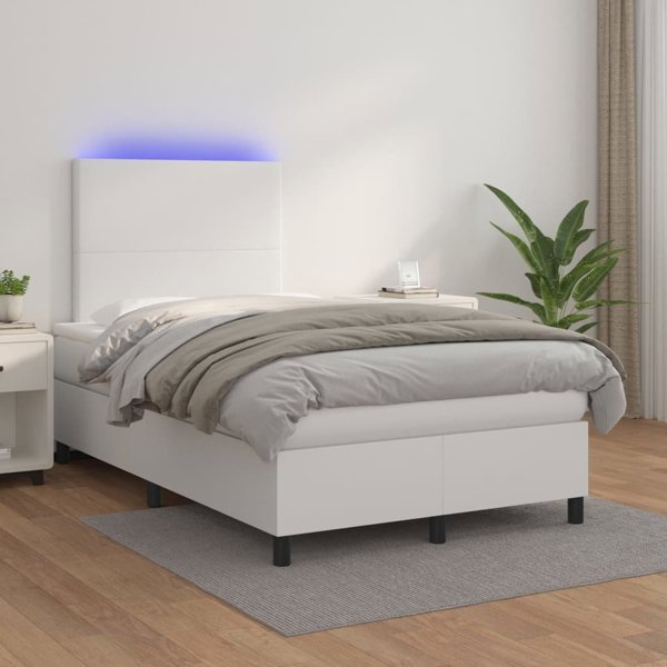 vidaXL Κρεβάτι Continental με στρώμα και LED, λευκό οικολογικό δέρμα 120x200cm
