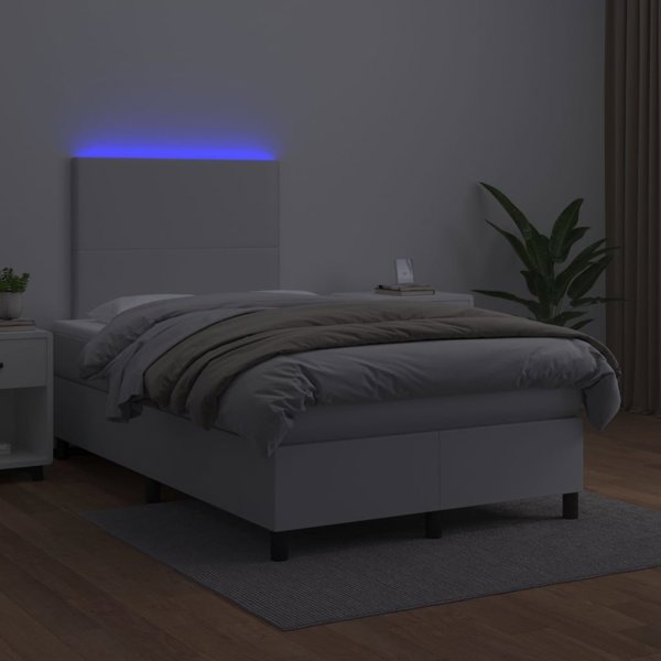 vidaXL Κρεβάτι Continental με στρώμα και LED, λευκό οικολογικό δέρμα 120x200cm