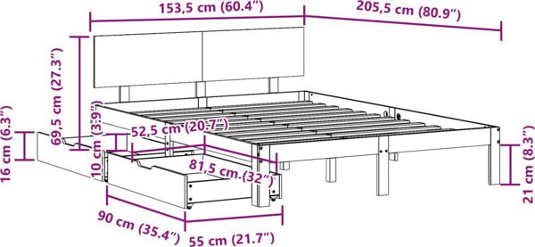 vidaXL Rama κρεβατιού με συρτάρια, λευκή, 150x200 εκ., πεύκο