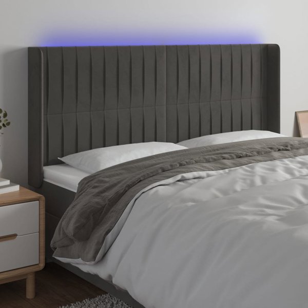 vidaXL Φωτιζόμενο κεφαλάρι κρεβατιού με LED, σκούρο γκρι, 203x16x118/128 cm, βελούδο