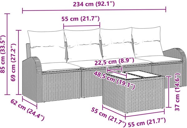 vidaXL Σετ Κήπου Καναπέδων 5 Τεμαχίων, Πολυρατάν, Ανοιχτό Γκρι με Μαξιλάρια