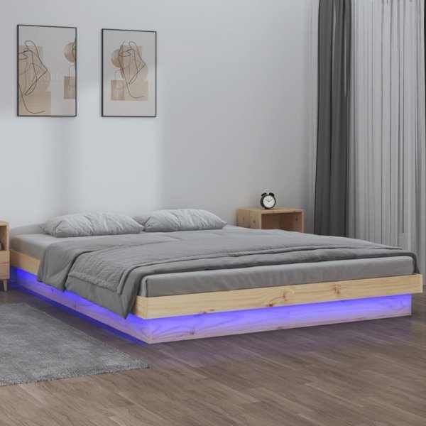 vidaXL Rama lozka z LED, 140x190 cm, lite drewno
