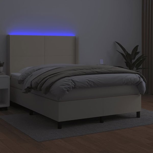vidaXL Lozko kontynentalne z LED, materac, kremowe, ekoskora 140x200cm