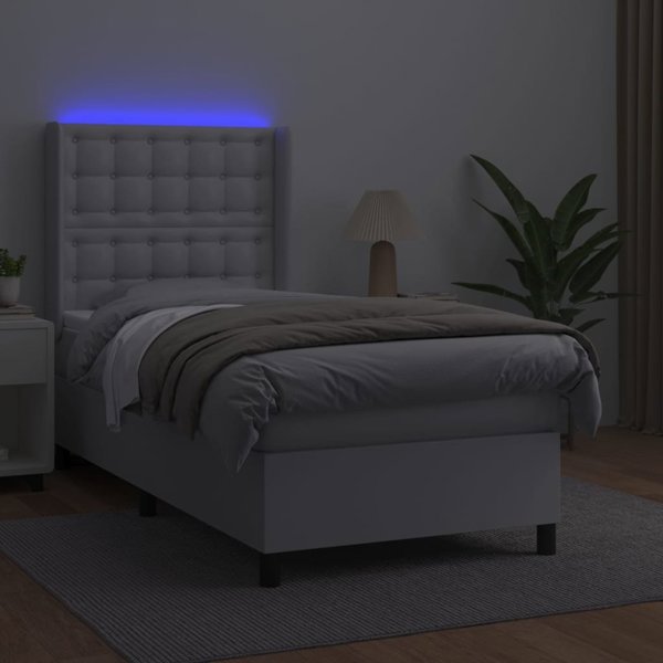vidaXL Κρεβάτι κοντινεντάλ με στρώμα και LED, λευκό οικολογικό δέρμα 90x200 cm