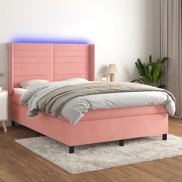 vidaXL Κρεβάτι κοντινεντάλ με στρώμα και LED, ροζ βελούδο, 140x190cm