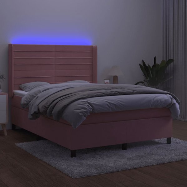 vidaXL Κρεβάτι κοντινεντάλ με στρώμα και LED, ροζ βελούδο, 140x190cm