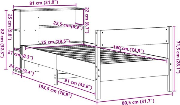 vidaXL Κρεβάτι με ράφι, χωρίς στρώμα, 75x190 εκ., ξύλο πεύκου