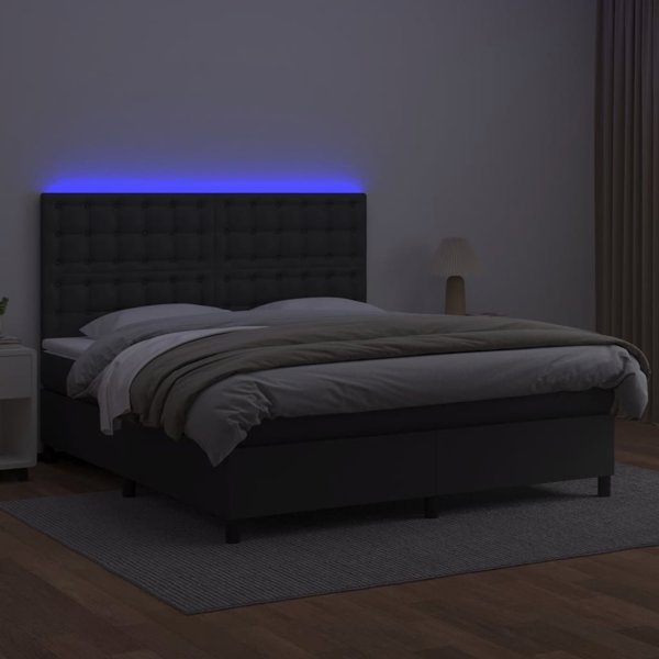 vidaXL Lodzko kontynentalne z materacem i LED czarna ekoskora 180x200cm