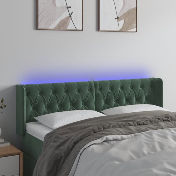 vidaXL Κεφαλάρι για κρεβάτι με LED, σκούρο πράσινο, 163x16x78/88 cm, βελούδο