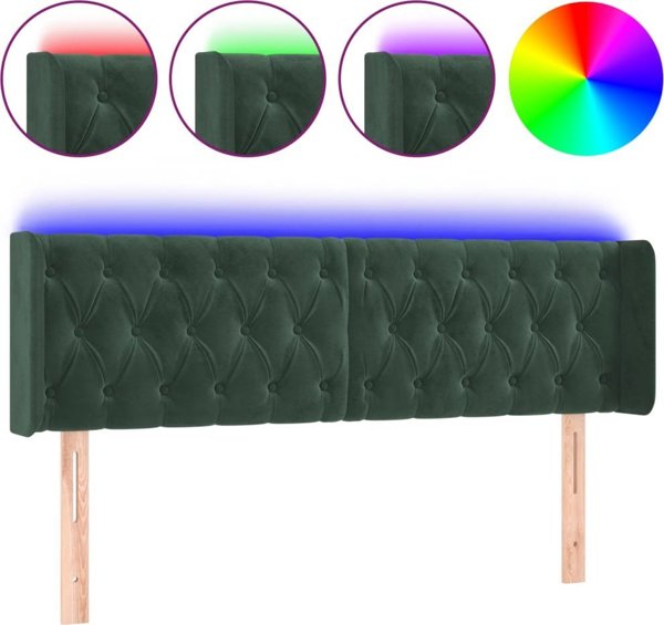 vidaXL Κεφαλάρι για κρεβάτι με LED, σκούρο πράσινο, 163x16x78/88 cm, βελούδο