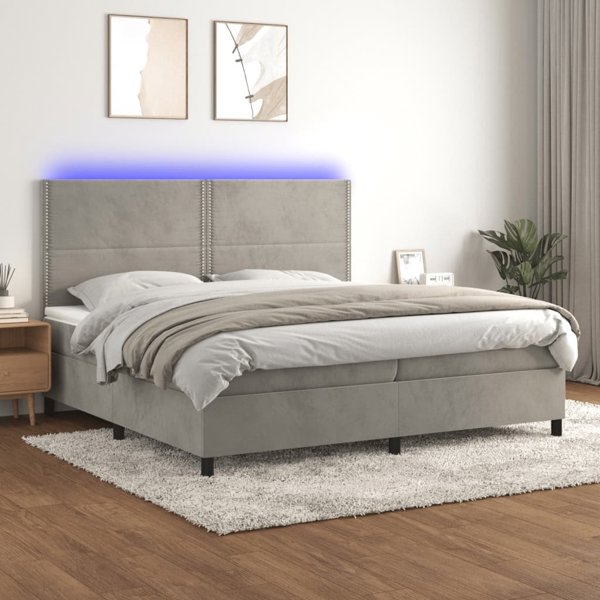 vidaXL Κρεβάτι κοντίνενταλ με στρώμα και LED, γκρι, 200x200 εκ., βελούδο