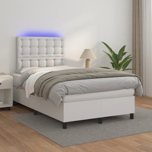 vidaXL Λευκό κρεβάτι κοντινεντάλ με στρώμα και LED, λευκή οικοδερμα 120x200εκ