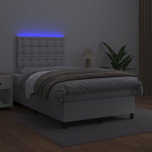 vidaXL Λευκό κρεβάτι κοντινεντάλ με στρώμα και LED, λευκή οικοδερμα 120x200εκ