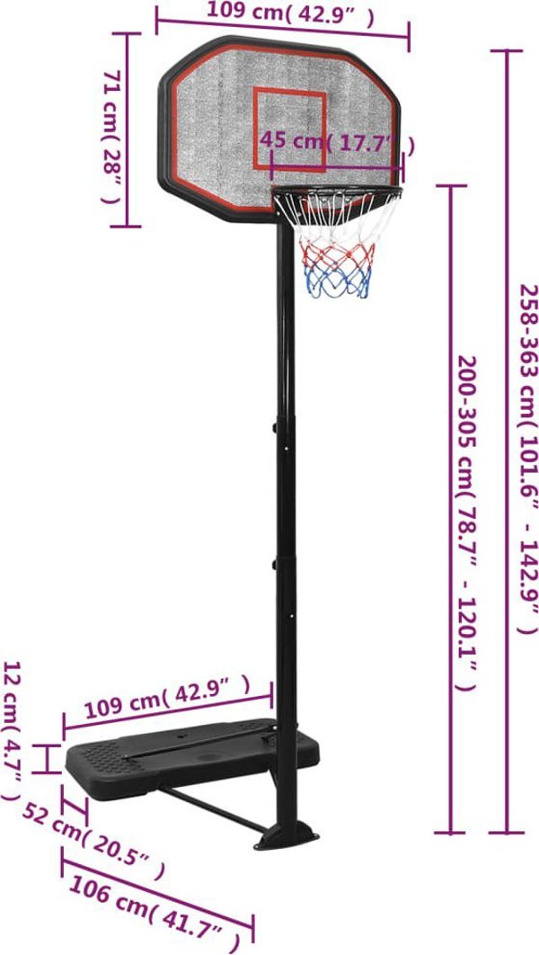 vidaXL Βάση για μπασκετ, μαύρο, 258-363 cm, πολυαιθυλένιο